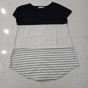 Sherosa Navy White Colorblock Striped Lace Back Short Sleeve Top Large